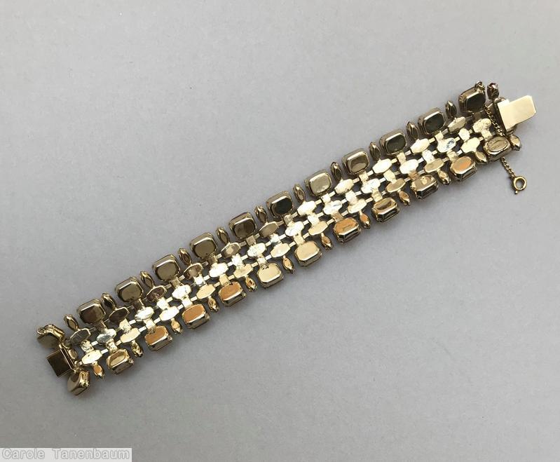 Schreiner 5 row bracelet 2 bordered row of emerald cut 3 center row of small navette moonglow pink amber fuchsia ab goldtone jewelry