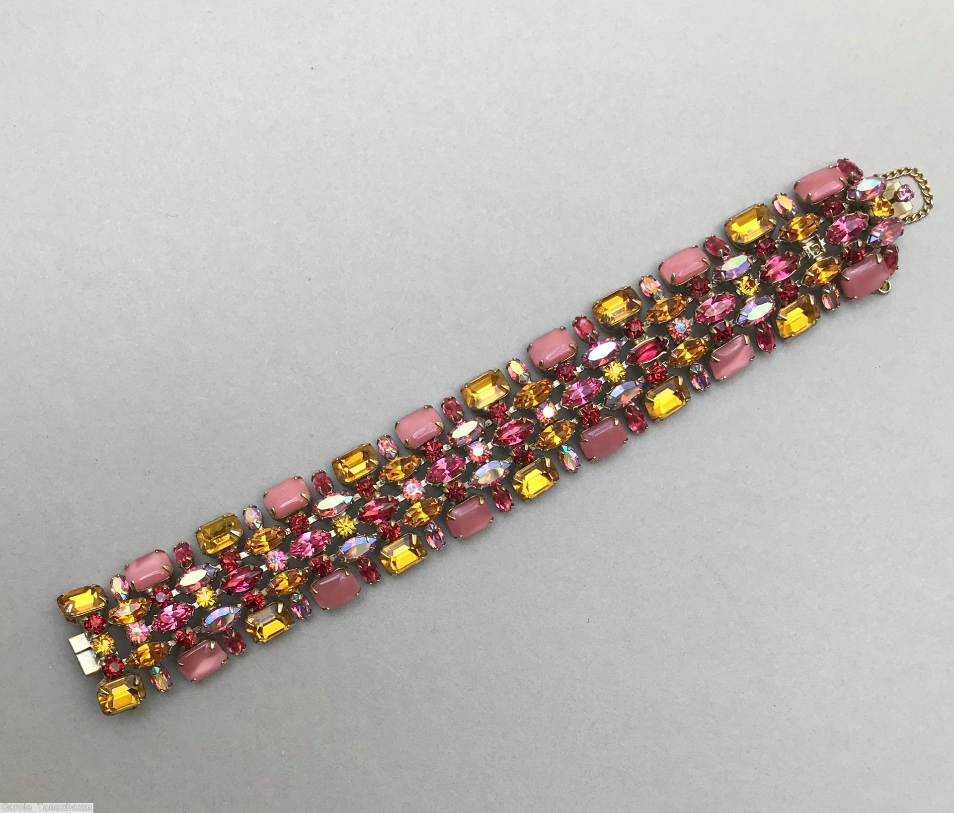 Schreiner 5 row bracelet 2 bordered row of emerald cut 3 center row of small navette moonglow pink amber fuchsia ab goldtone jewelry