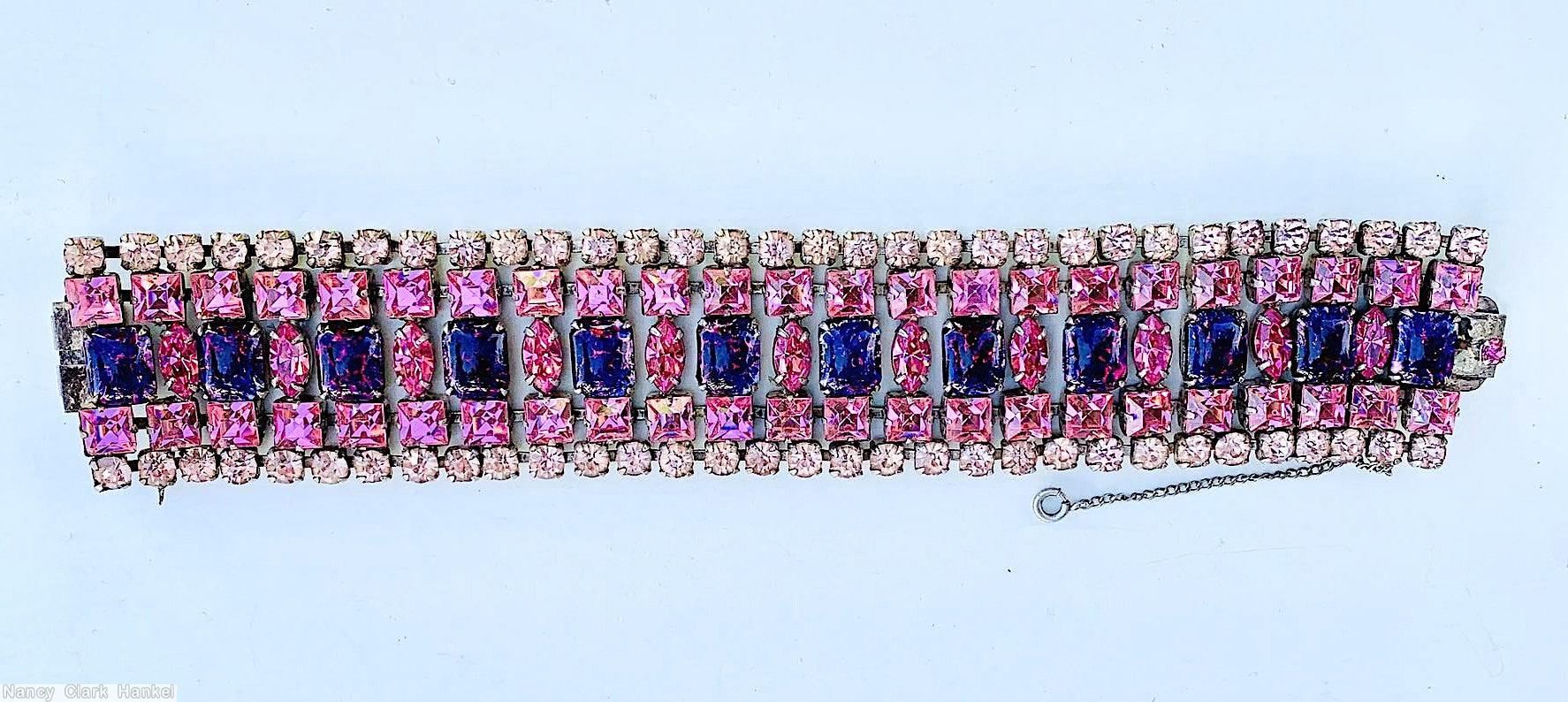 Schreiner 5 rows wide bracelet 12 emerald cut 11 navette center 23 square stone row 32 small chaton row mottled purple emerald cut pink faceted square stone pale pink clear chaton jewelry