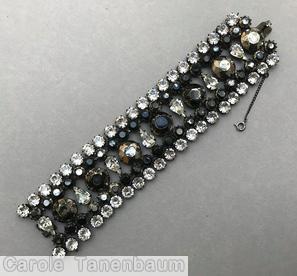 Schreiner 5 rows wide bracelet 7 large chaton 7 teardrop center small chaton crystal jet smoke jewelry