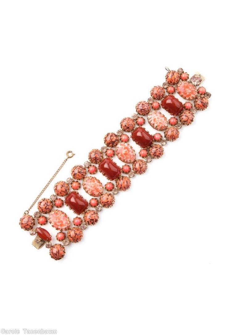 Schreiner 9 row bracelet center row mix large oval cab and large emerald cut bordered small round cab large marbled coral oval cab carnelian large emerald cut carnelian small navette matrix coral small round cab jewelry