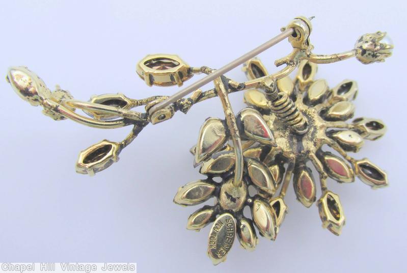 Schreiner 1 trembling flower spray pin metalic gold crystal faux pearl jewelry