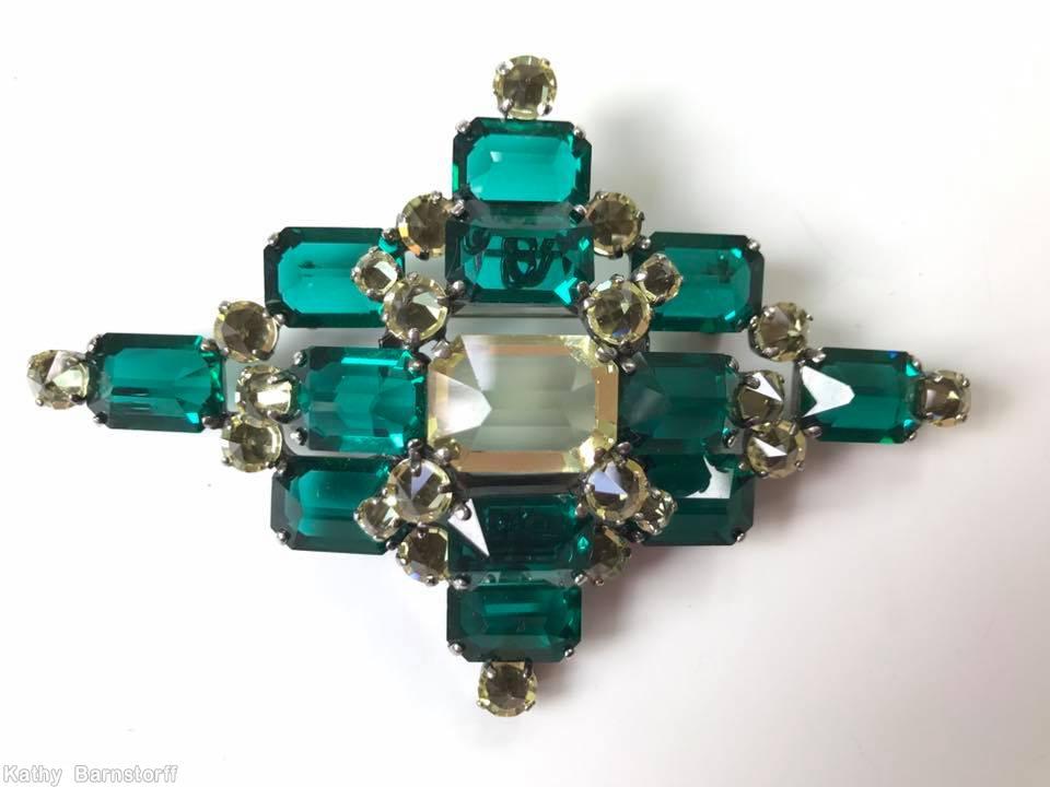 Schreiner 12 baguette 2 level diamond pin large baguette center blue green crystal inverted smoke jewelry