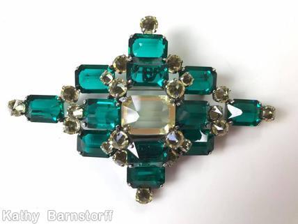 Schreiner 12 baguette 2 level diamond pin large baguette center blue green crystal inverted smoke jewelry