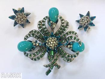 Schreiner 14 swirled wired ribbon 3 large bead radial pin clustered ball center baguette stem 7 teardrop marbled aqua bubble green crystal deep blue silvertone jewelry