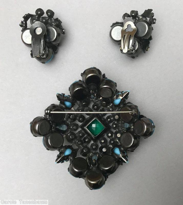 Schreiner 16 metal leaf domed square pin 12 chaton square center 4 teardrop corner emerald square faceted stone opaque ice blue baby blue ice blue black metal leaf japanned jewelry