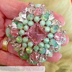 Schreiner 16 metal leaf domed square pin 12 chaton square center 4 teardrop corner pink moonglow pale green bicolor green white silver metal leaf jewelry