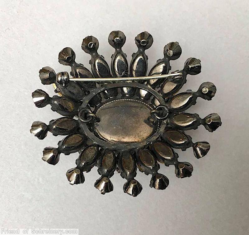 Schreiner 18 branch domed oval pin hook eye oval center 6 surrounding chaton ice blue amber faceted navette ice amber crystal jewelry