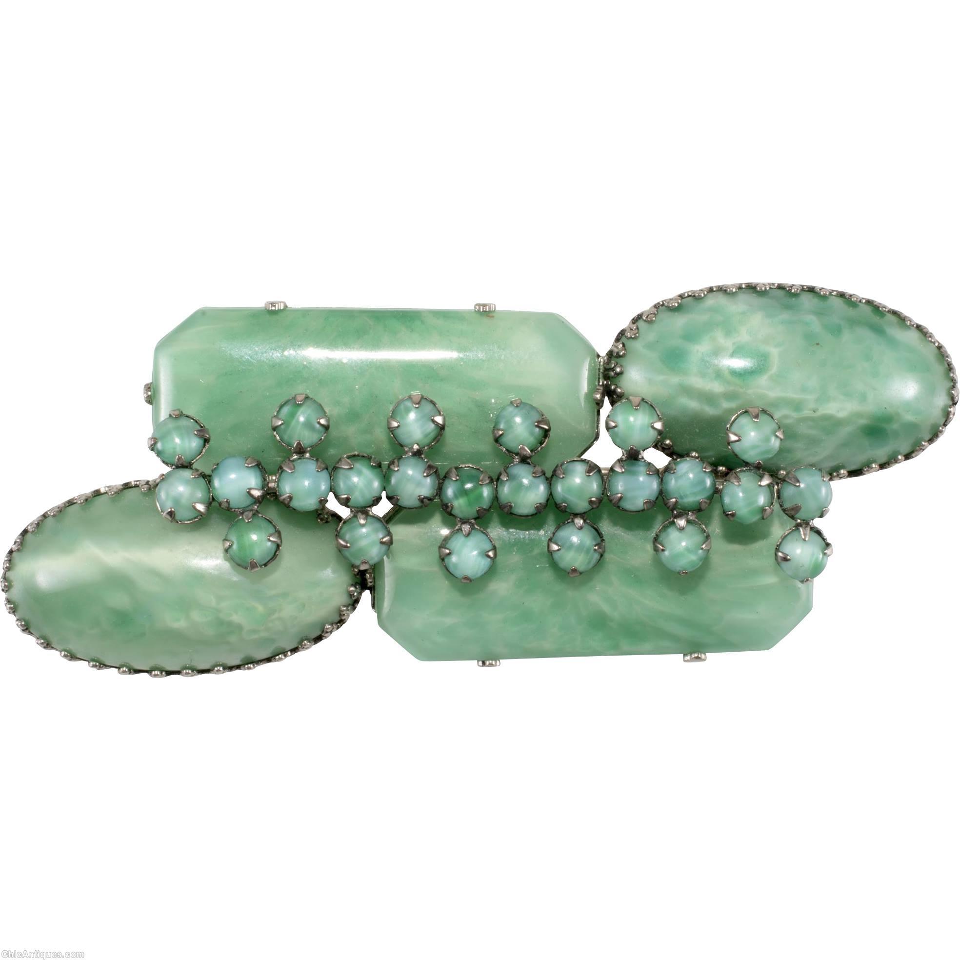 Schreiner 2 large oval cab 2 elongated hexagon stone pin jade silvertone jewelry