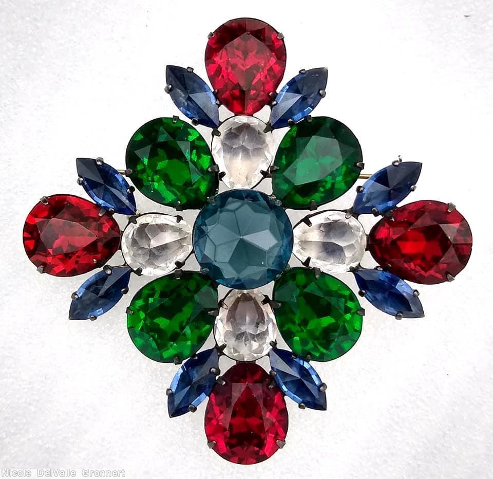 Schreiner 2 level cross pin 12 teardrop stone ruby emerald navy crystal smoky blue jewelry