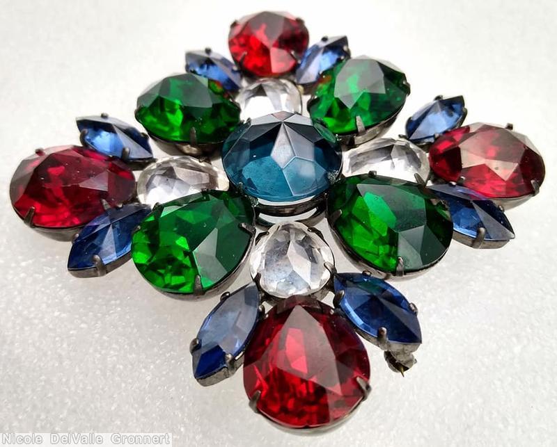 Schreiner 2 level cross pin 12 teardrop stone ruby emerald navy crystal smoky blue jewelry