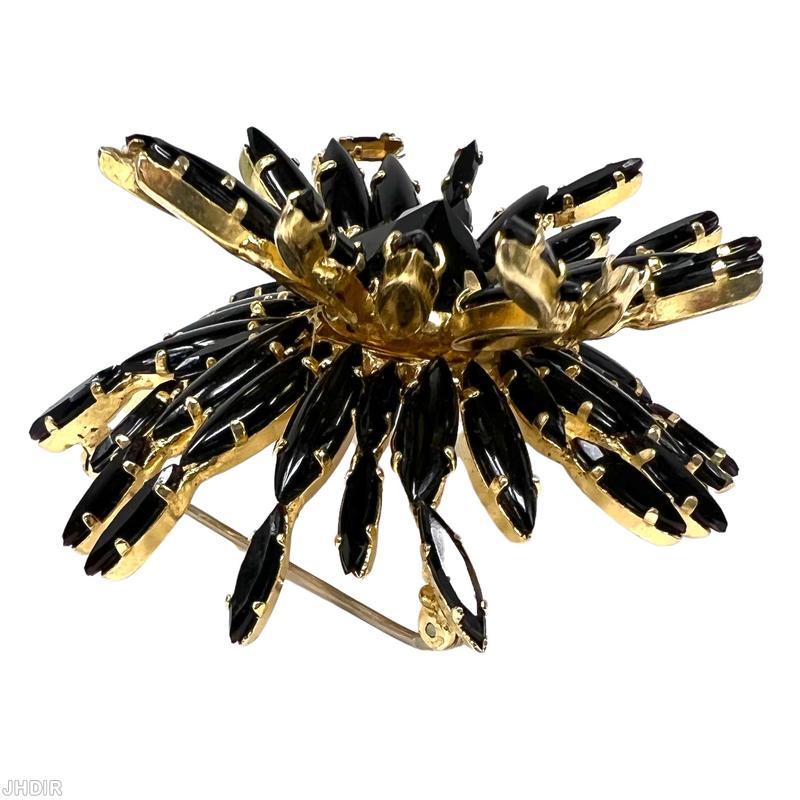 Schreiner 2 level navette random arranged radial mums pin large round stone center jet goldtone jewelry