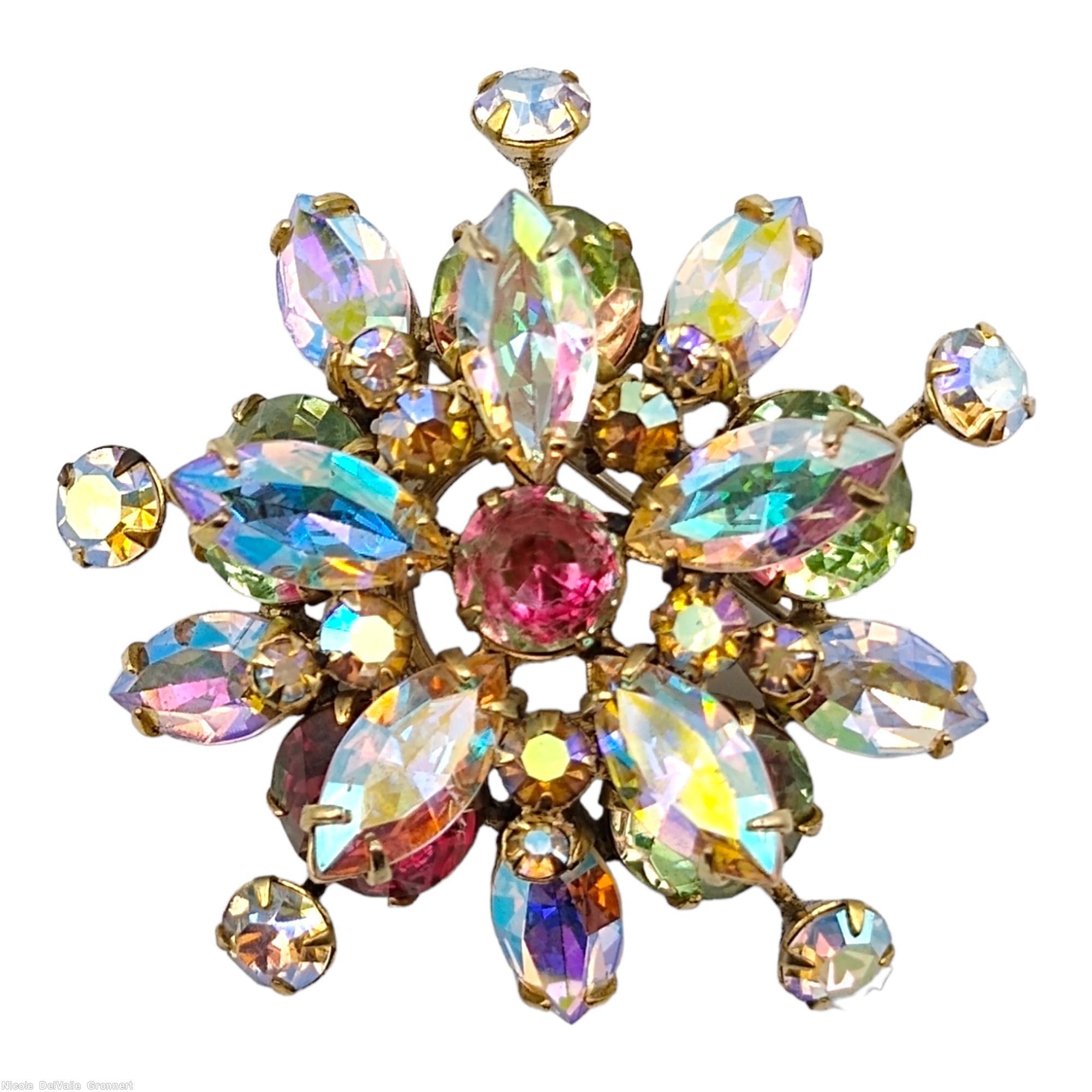 Schreiner 2 level spoke radial pin hook eye ab crystal navette bicolor ruby green stone goldtone jewelry