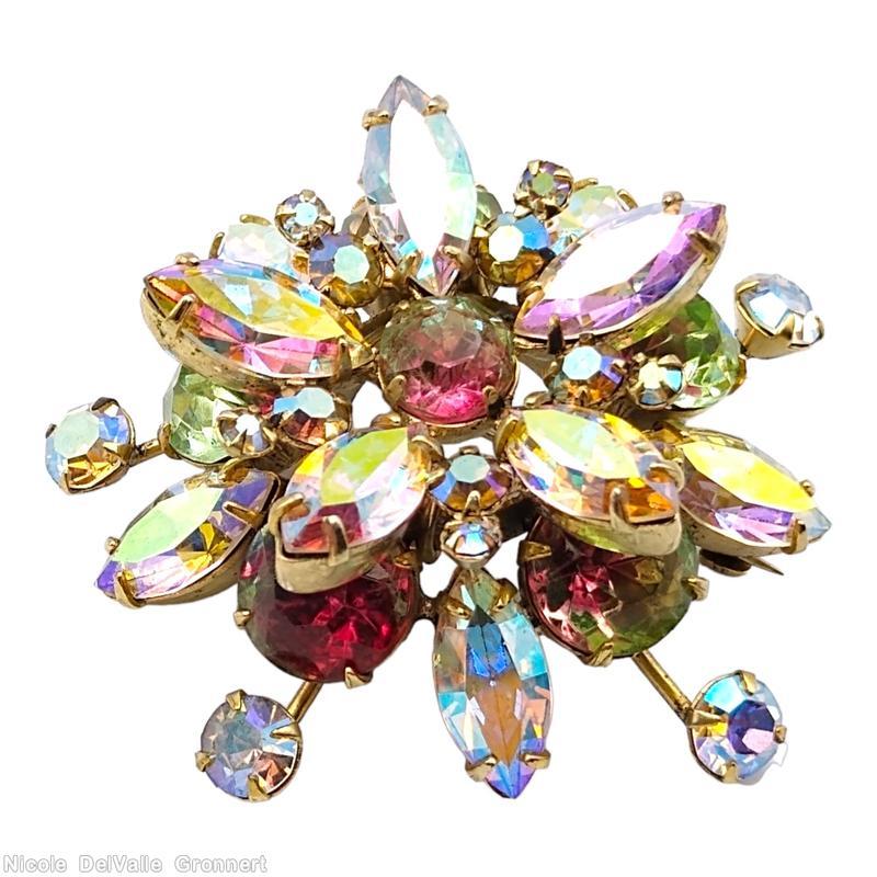 Schreiner 2 level spoke radial pin hook eye ab crystal navette bicolor ruby green stone goldtone jewelry