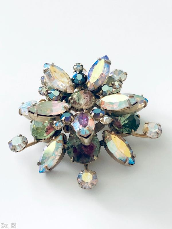 Schreiner 2 level spoke radial pin hook eye ab crystal navette bicolor ruby green stone goldtone jewelry