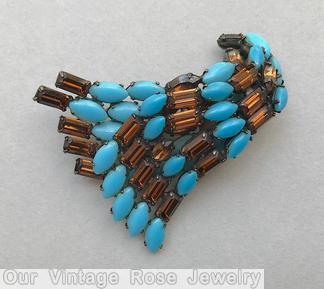Schreiner 2 level wing shaped pin opaque aqua brown baguette japanned jewelry