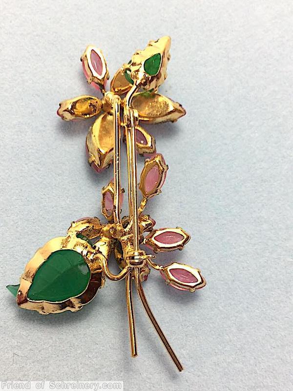 Schreiner 2 trembler flower 2 carved leaf pin coral navette green carved leaf jewelry