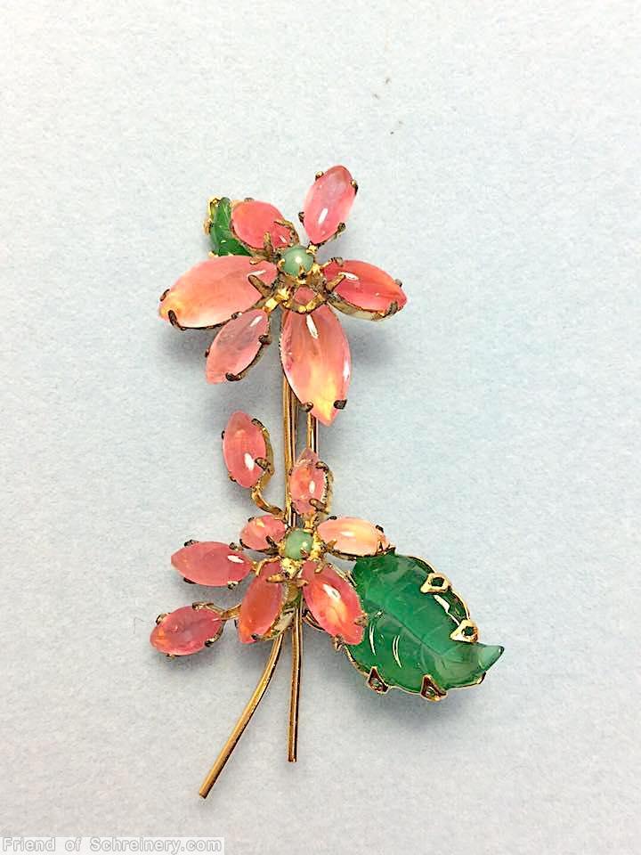 Schreiner 2 trembler flower 2 carved leaf pin coral navette green carved leaf jewelry