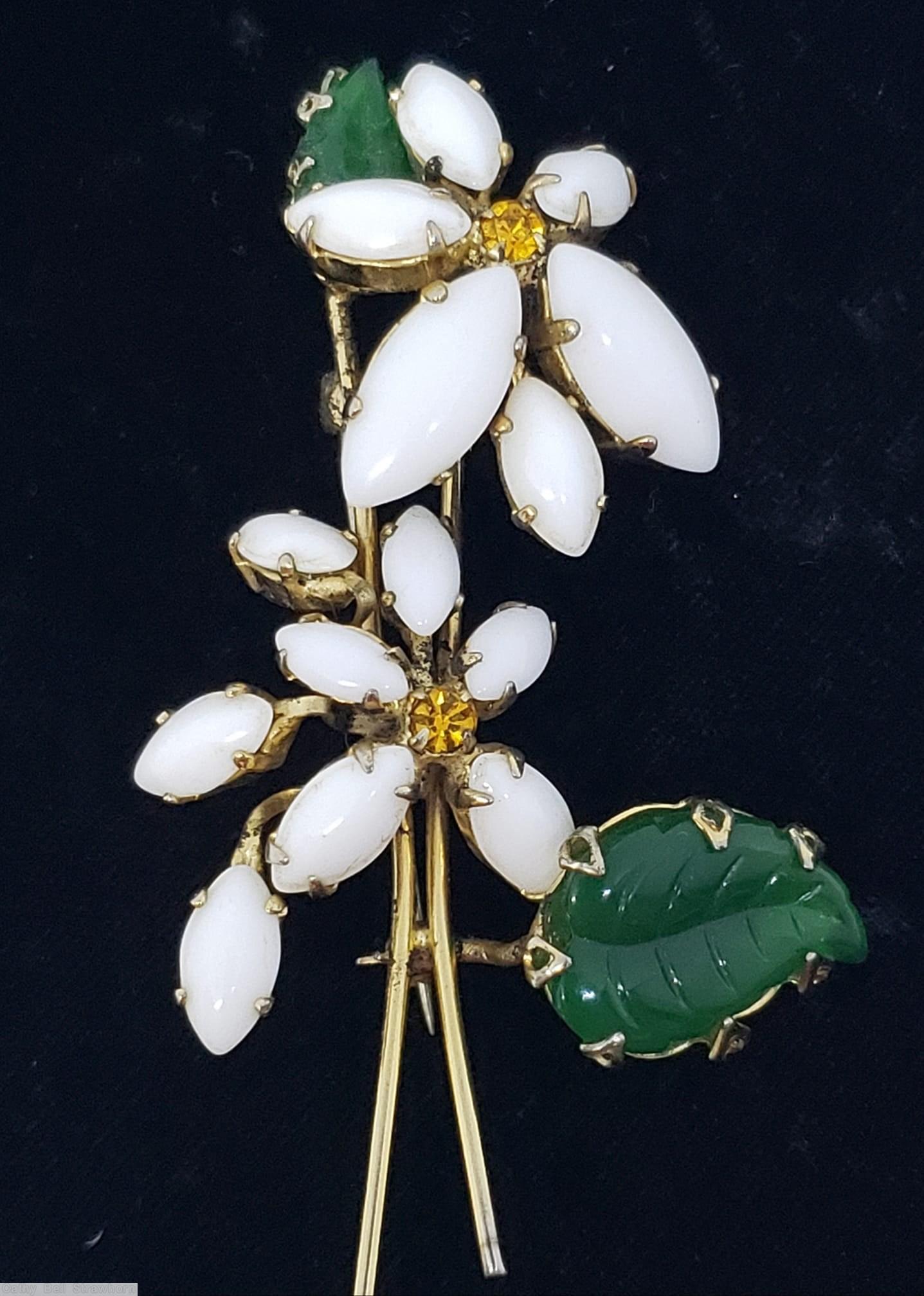 Schreiner 2 trembler flower 2 carved leaf pin milk white navette green carved leaf goldtone jewelry