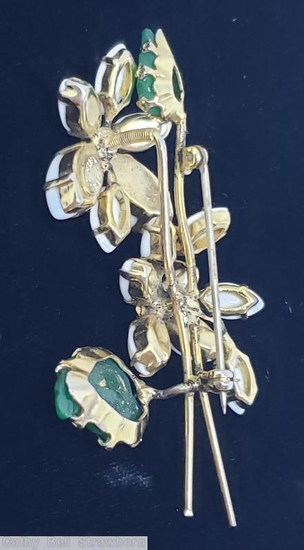 Schreiner 2 trembler flower 2 carved leaf pin milk white navette green carved leaf goldtone jewelry