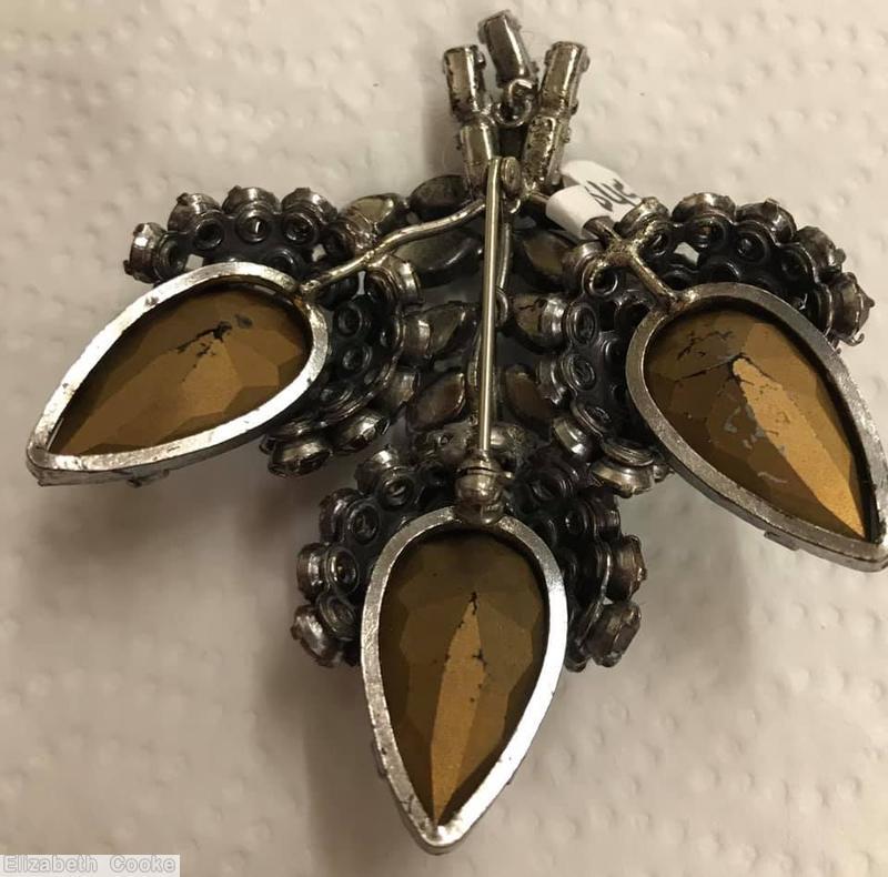 Schreiner 3 acorn bunch pin large faceted teardrop stone jet smoky jewelry