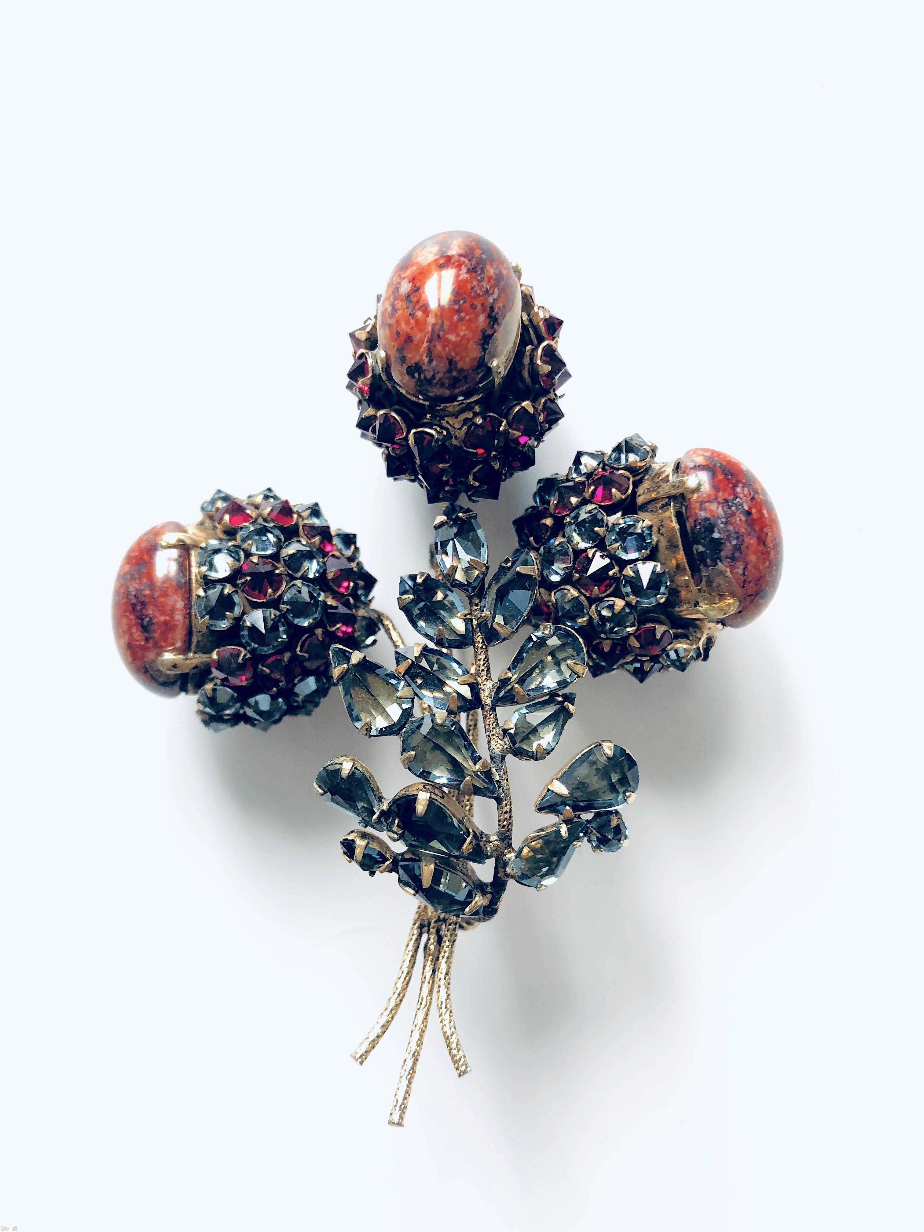 Schreiner 3 acorn egg bunch pin large oval cab side clustered ball marbled coral large oval cab smoke teardrop ice blue ruby goldtone jewelry