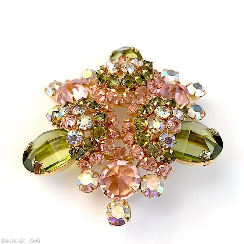Schreiner 3 acorn radial triangle pin 3 large round stone peridot large oval cab pink ab goldtone jewelry