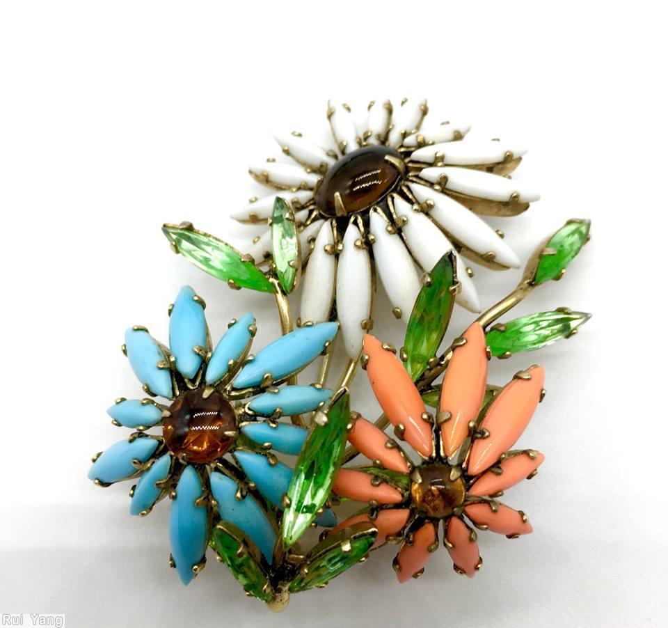 Schreiner 3 black eye daisy flower pin aqua coral white green jewelry