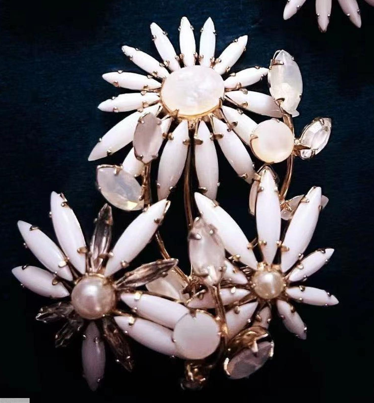 Schreiner 3 black eye daisy flower pin milk white navette moon glow white large oval cab center faux pearl center crystal navette goldtone jewelry