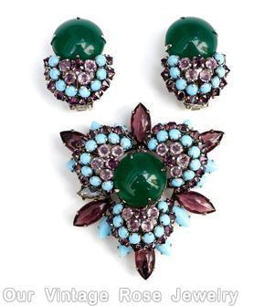 Schreiner 3 clustered ball radial triangle pin large chaton hook eye baby blue lavender ice pink opaque emerald fuchsia silvertone jewelry