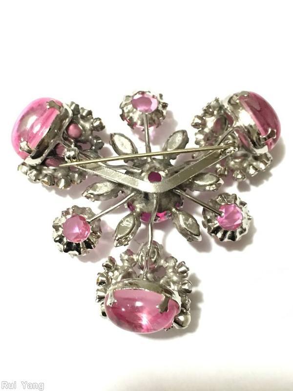 Schreiner 3 clustered end radial double triangle geometric pin large oval cab end large chaton center fuchsia ice pink faux pearl seeds crystal jewelry