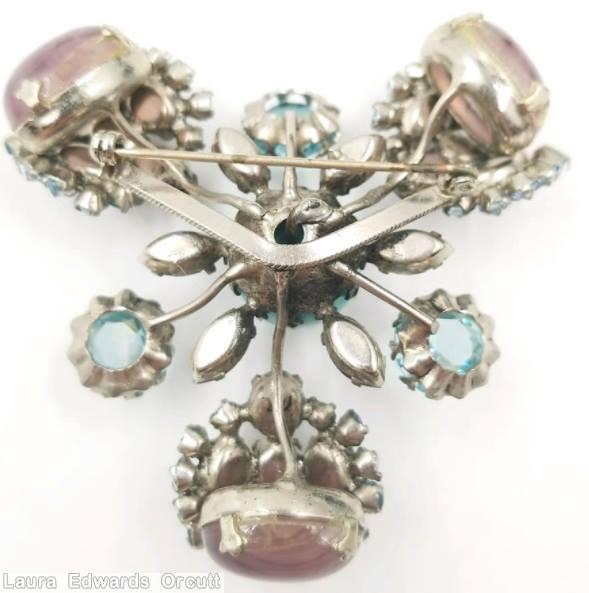 Schreiner 3 clustered end radial double triangle geometric pin large oval cab end large chaton center opaque aqua pale aqua pale pink purple jewelry