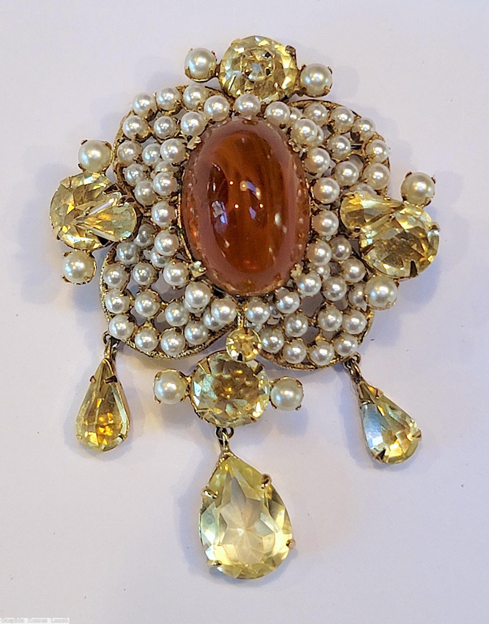 Schreiner 3 dangle top down pin large oval cab center top surrounding 3 round small stone in 4 wired pedal 4 large chaton clear champagne dangle teardrop faux pearl amber large oval cab center clear champgne teardrop goldtone jewelry