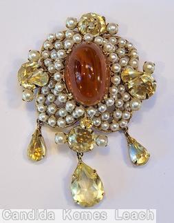 Schreiner 3 dangle top down pin large oval cab center top surrounding 3 round small stone in 4 wired pedal 4 large chaton clear champagne dangle teardrop faux pearl amber large oval cab center clear champgne teardrop goldtone jewelry
