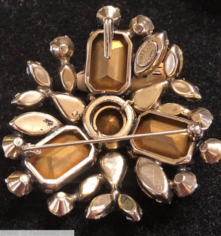 Schreiner 3 large 4 sided stone radial triangle pin hook eye large chaton center 3 teardrop bordered crystal large emerald cut metalic brown navette smoke jewelry