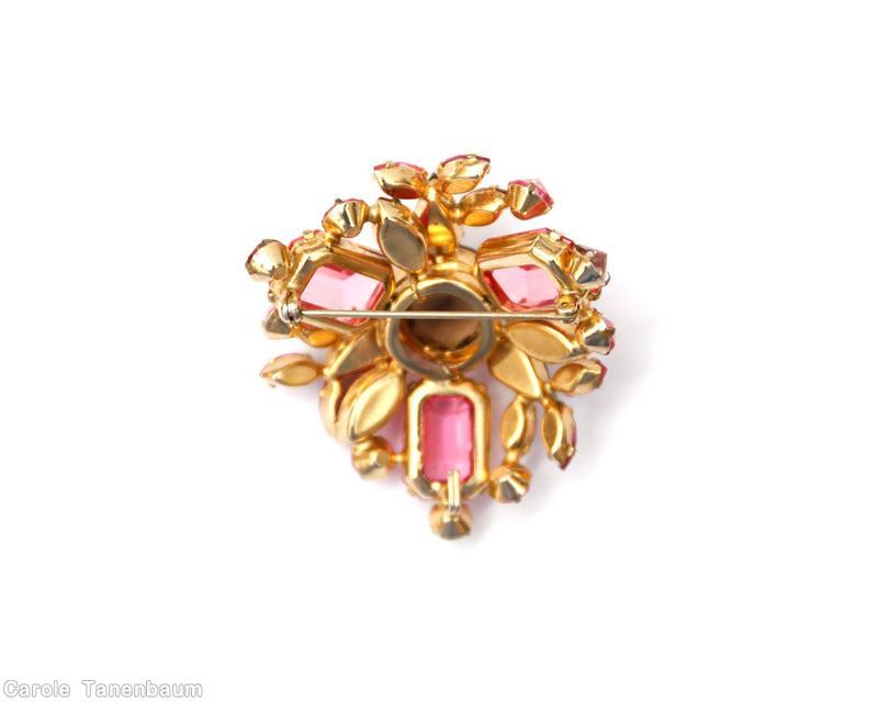 Schreiner 3 large 4 sided stone radial triangle pin hook eye large chaton center 3 teardrop bordered peridot clear brown large rectangle faceted clear pink fuchsia amber jewelry