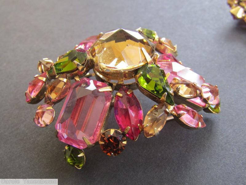 Schreiner 3 large 4 sided stone radial triangle pin hook eye large chaton center 3 teardrop bordered peridot clear brown large rectangle faceted clear pink fuchsia amber jewelry