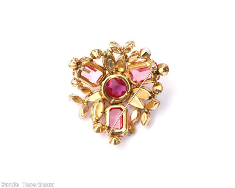 Schreiner 3 large 4 sided stone radial triangle pin hook eye large chaton center 3 teardrop bordered pink ice pink jewelry