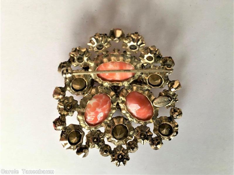 Schreiner 3 large oval cab domed radial triangle pretzel pin small stone center bordered coral peach jet jewelry