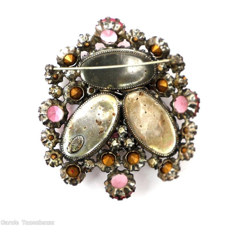Schreiner 3 large oval cab domed radial triangle pretzel pin small stone center bordered marbled pink dark red ruby crystal pink jewelry