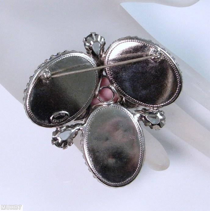 Schreiner 3 large oval molded flower stone radial pin filigree 2 level blue fuchsia green smoke creamy pink jewelry