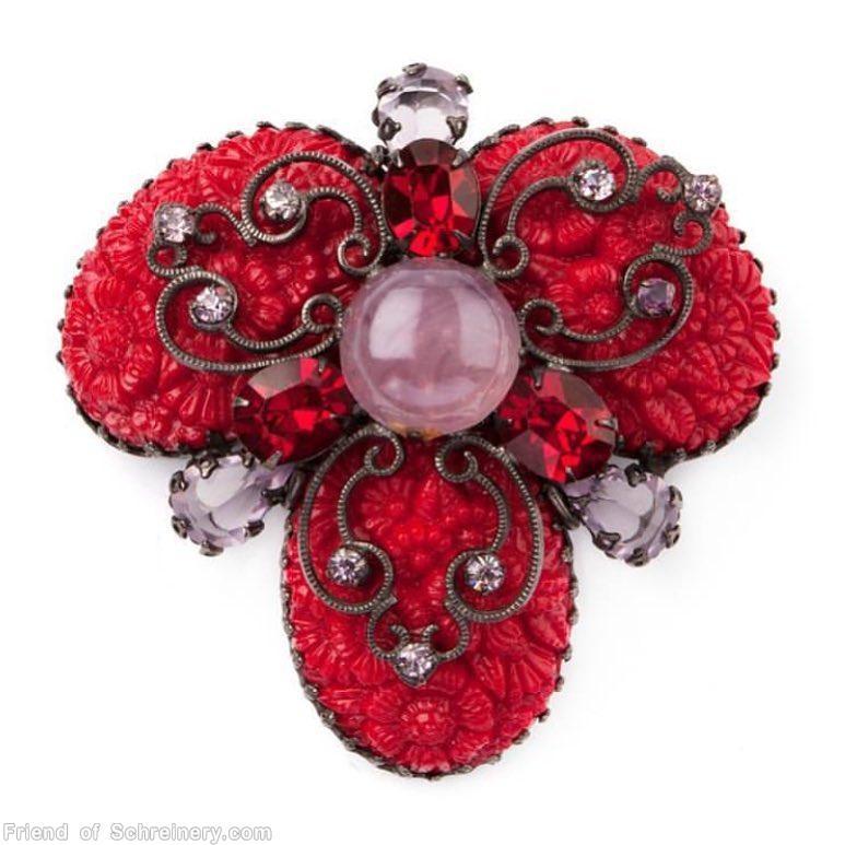 Schreiner 3 large oval molded flower stone radial pin filigree 2 level red molded stone moonglow pink chaton center ruby crystal ice lavender teardrop jewelry