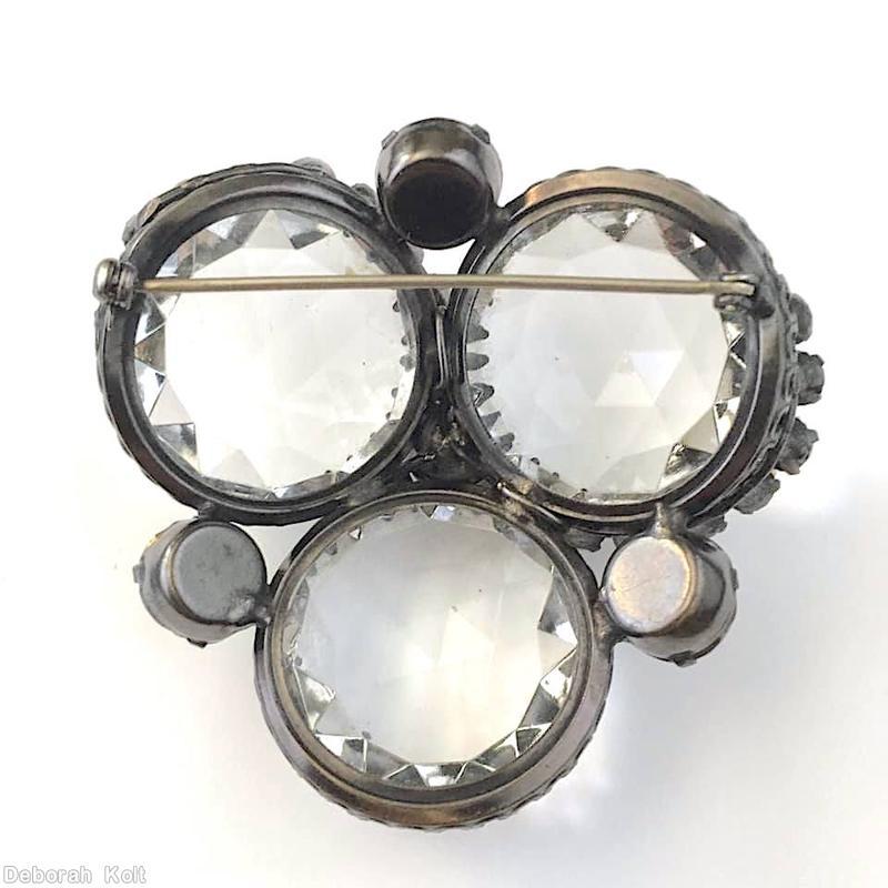 Schreiner 3 large rose cut round stone radial pin 3 swirled branch of 8 seeds large crystal rose cut disc faux pearl brown metalic chaton jewelry