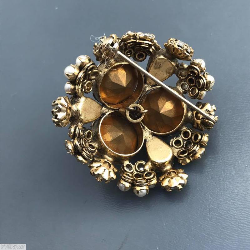 Schreiner 3 large round cab domed round pin 7 clustered flower 3 teardrop bordered crystal faux pearl seeds jewelry