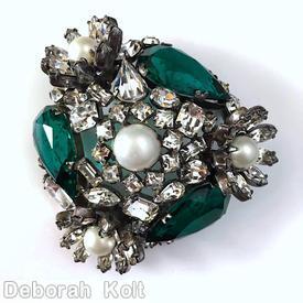 Schreiner 3 large teardrop domed radial triangle pin faux pearl center 10 surrounding small square stone 3 navette faux pearl flower emerald large teardrop crystal jewelry