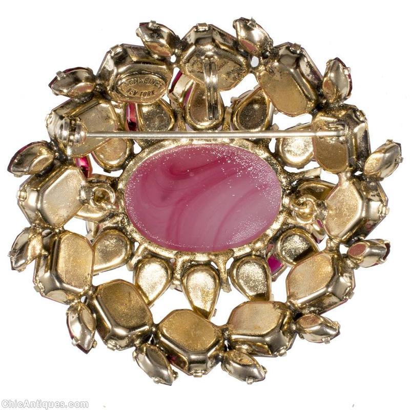Schreiner 3 rounds domed oval pin large oval center 12 square stone side marbled pink peridot pink lavender jewelry