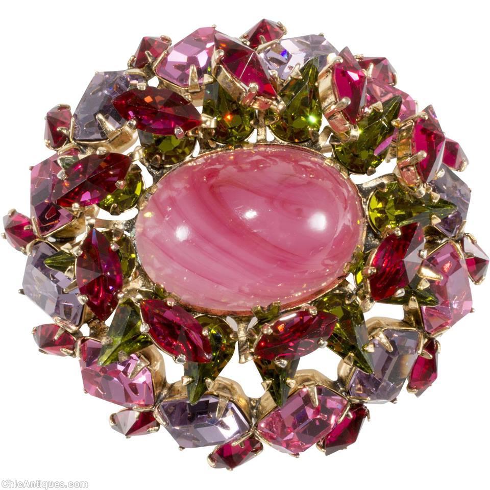 Schreiner 3 rounds domed oval pin large oval center 12 square stone side marbled pink peridot pink lavender jewelry