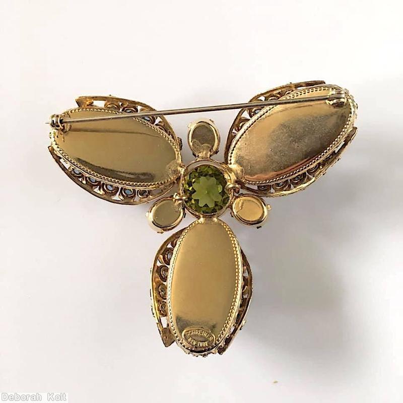 Schreiner 3 wired seeds covered large oval cab triangle radial pin large chaton center opaque lavender large oval cab jet inverted peridot center faceted chaton fuschia goldtone jewelry