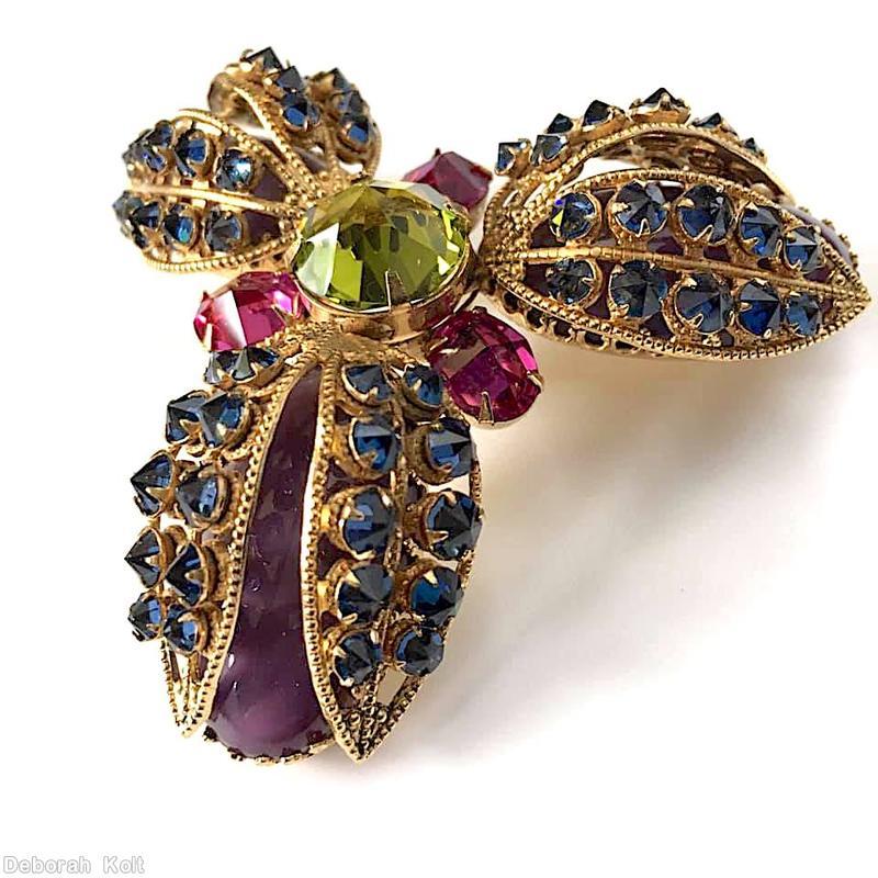Schreiner 3 wired seeds covered large oval cab triangle radial pin large chaton center opaque lavender large oval cab jet inverted peridot center faceted chaton fuschia goldtone jewelry