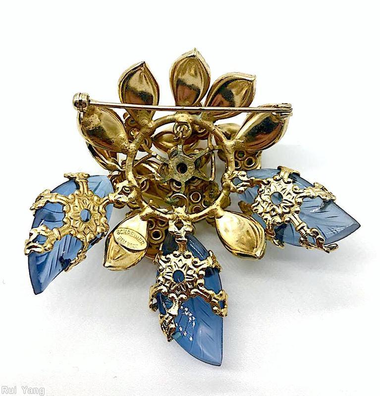 Schreiner 3d engraved leaf pin 3 large engraved leaf 13 small engraved leaf hook eye 6 clustered flower blue engraved leaf amber engraved leaf navy small chaton period small chaton goldtone jewelry